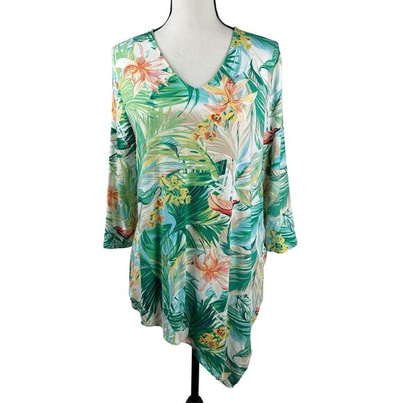 Chico's Women's Top Size 2 Large Multi Tropical Floral Asymmetrical Hem Shirt - Picture 1 of 11